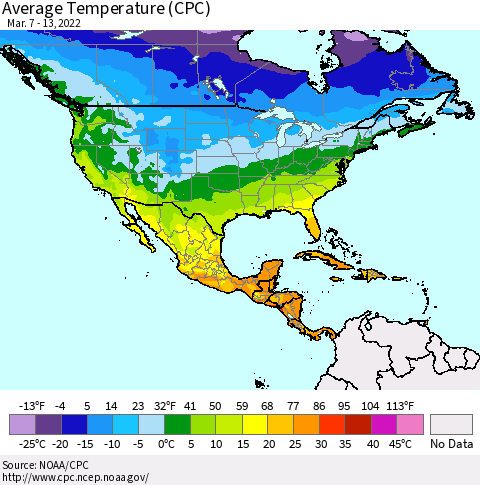 North America Average Temperature (CPC) Thematic Map For 3/7/2022 - 3/13/2022
