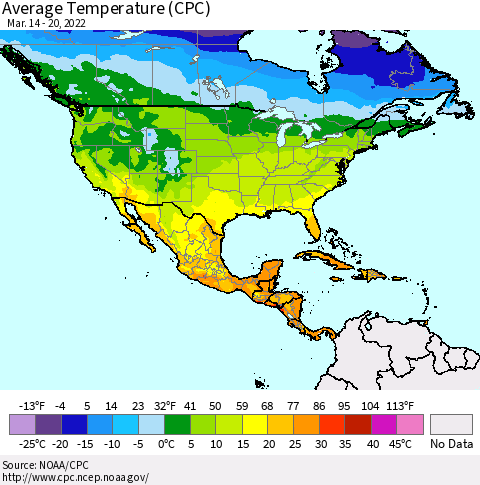 North America Average Temperature (CPC) Thematic Map For 3/14/2022 - 3/20/2022