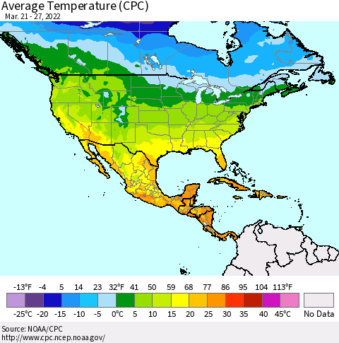North America Average Temperature (CPC) Thematic Map For 3/21/2022 - 3/27/2022