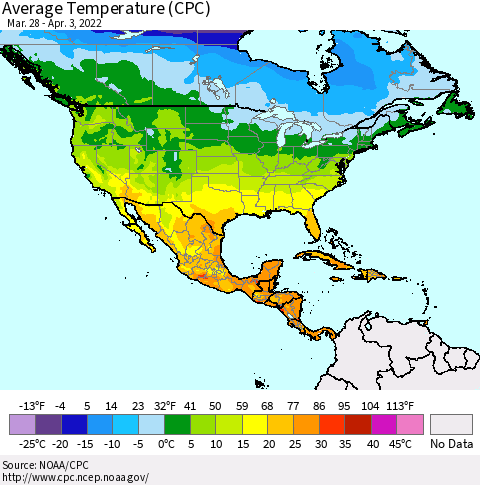 North America Average Temperature (CPC) Thematic Map For 3/28/2022 - 4/3/2022