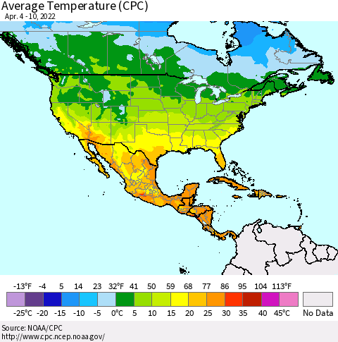 North America Average Temperature (CPC) Thematic Map For 4/4/2022 - 4/10/2022