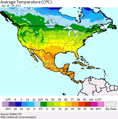 North America Average Temperature (CPC) Thematic Map For 4/18/2022 - 4/24/2022