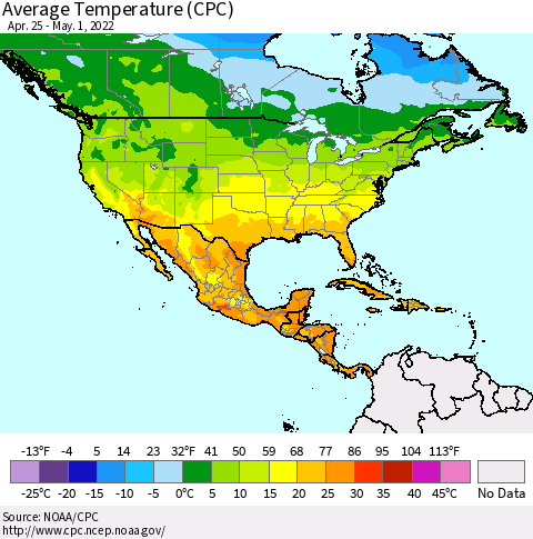 North America Average Temperature (CPC) Thematic Map For 4/25/2022 - 5/1/2022