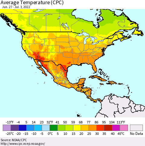 North America Average Temperature (CPC) Thematic Map For 6/27/2022 - 7/3/2022