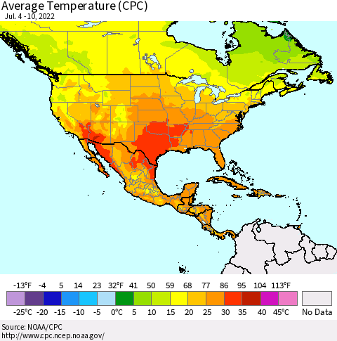 North America Average Temperature (CPC) Thematic Map For 7/4/2022 - 7/10/2022