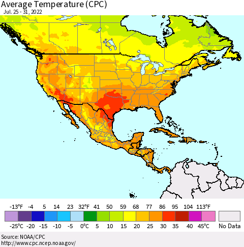 North America Average Temperature (CPC) Thematic Map For 7/25/2022 - 7/31/2022