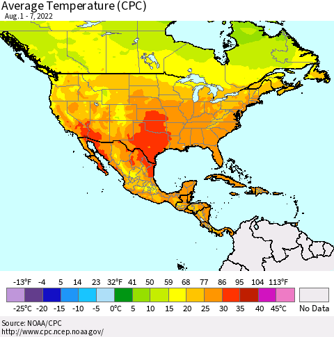 North America Average Temperature (CPC) Thematic Map For 8/1/2022 - 8/7/2022