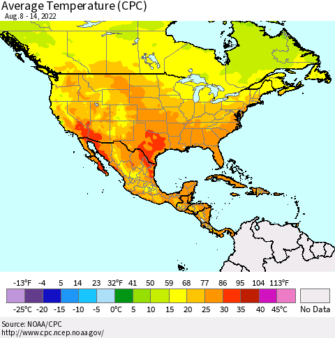 North America Average Temperature (CPC) Thematic Map For 8/8/2022 - 8/14/2022