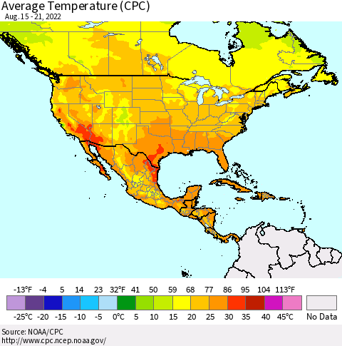 North America Average Temperature (CPC) Thematic Map For 8/15/2022 - 8/21/2022