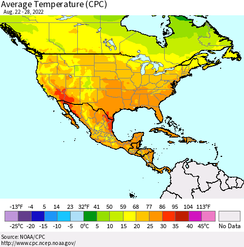 North America Average Temperature (CPC) Thematic Map For 8/22/2022 - 8/28/2022