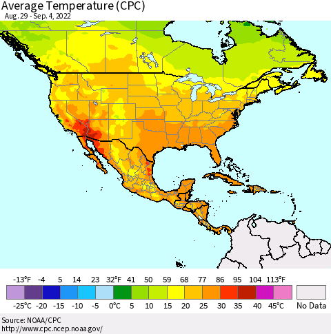 North America Average Temperature (CPC) Thematic Map For 8/29/2022 - 9/4/2022