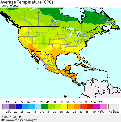 North America Average Temperature (CPC) Thematic Map For 10/3/2022 - 10/9/2022