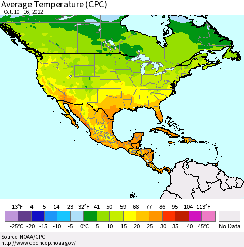 North America Average Temperature (CPC) Thematic Map For 10/10/2022 - 10/16/2022