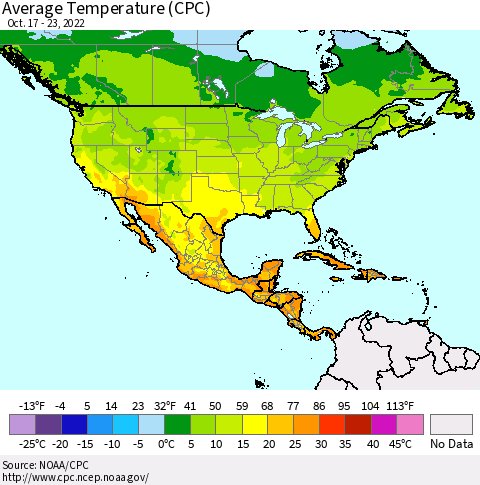 North America Average Temperature (CPC) Thematic Map For 10/17/2022 - 10/23/2022