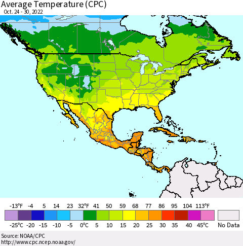 North America Average Temperature (CPC) Thematic Map For 10/24/2022 - 10/30/2022