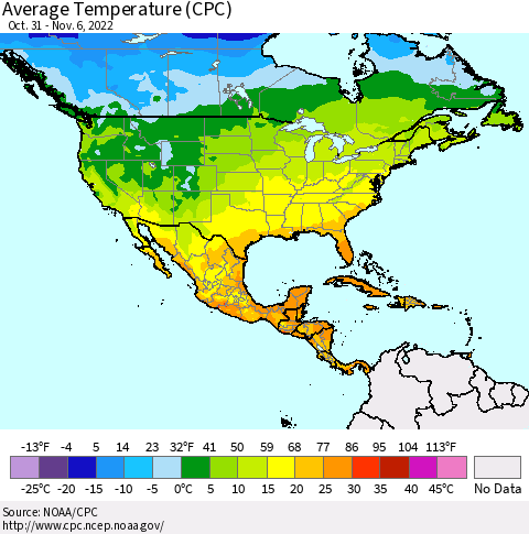 North America Average Temperature (CPC) Thematic Map For 10/31/2022 - 11/6/2022