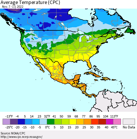 North America Average Temperature (CPC) Thematic Map For 11/7/2022 - 11/13/2022