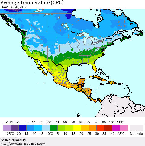 North America Average Temperature (CPC) Thematic Map For 11/14/2022 - 11/20/2022