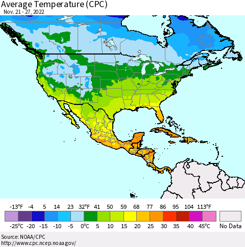 North America Average Temperature (CPC) Thematic Map For 11/21/2022 - 11/27/2022