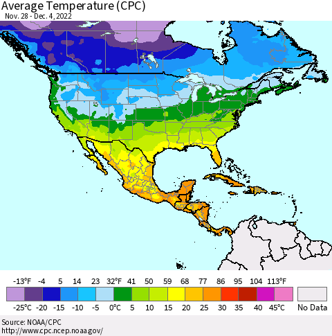 North America Average Temperature (CPC) Thematic Map For 11/28/2022 - 12/4/2022