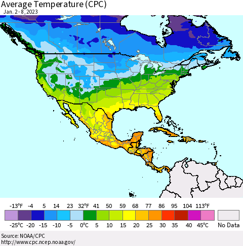 North America Average Temperature (CPC) Thematic Map For 1/2/2023 - 1/8/2023