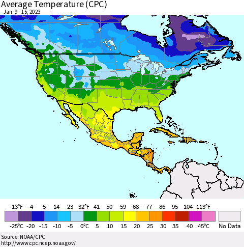North America Average Temperature (CPC) Thematic Map For 1/9/2023 - 1/15/2023