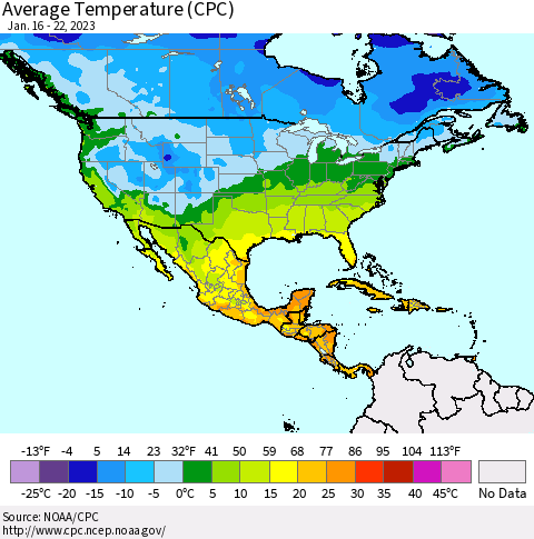 North America Average Temperature (CPC) Thematic Map For 1/16/2023 - 1/22/2023
