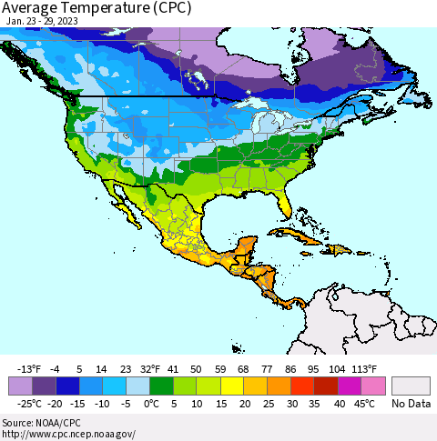 North America Average Temperature (CPC) Thematic Map For 1/23/2023 - 1/29/2023