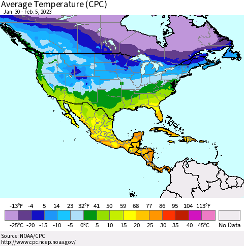 North America Average Temperature (CPC) Thematic Map For 1/30/2023 - 2/5/2023