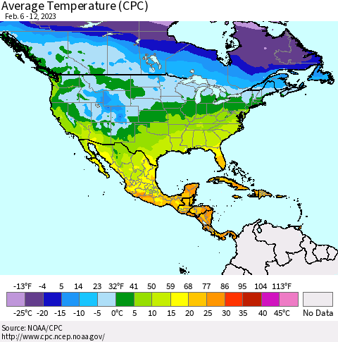 North America Average Temperature (CPC) Thematic Map For 2/6/2023 - 2/12/2023