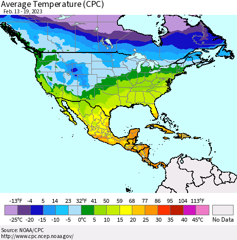 North America Average Temperature (CPC) Thematic Map For 2/13/2023 - 2/19/2023