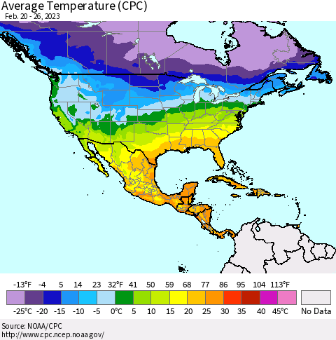 North America Average Temperature (CPC) Thematic Map For 2/20/2023 - 2/26/2023