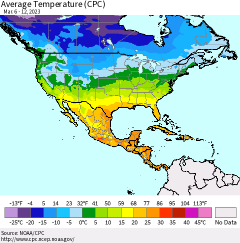 North America Average Temperature (CPC) Thematic Map For 3/6/2023 - 3/12/2023