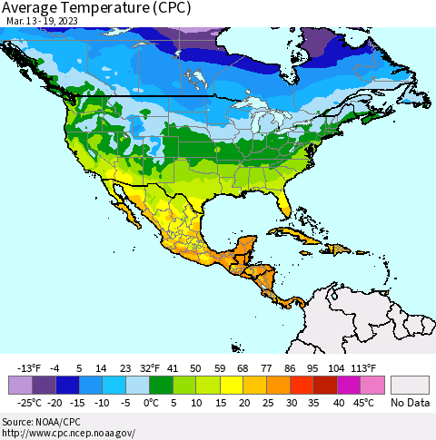 North America Average Temperature (CPC) Thematic Map For 3/13/2023 - 3/19/2023