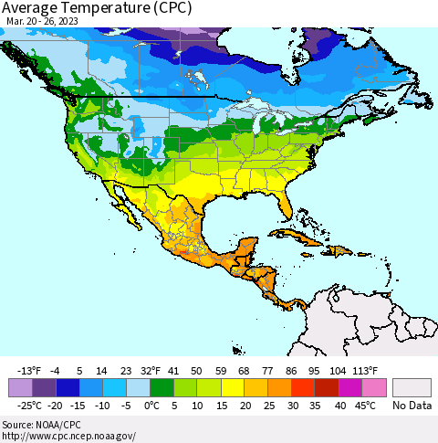 North America Average Temperature (CPC) Thematic Map For 3/20/2023 - 3/26/2023