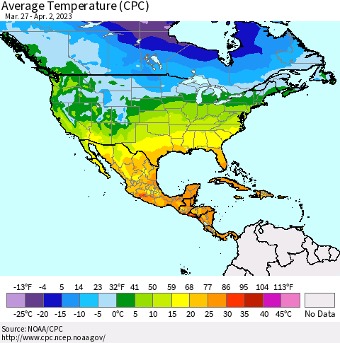 North America Average Temperature (CPC) Thematic Map For 3/27/2023 - 4/2/2023