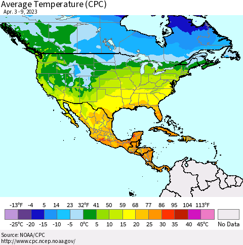 North America Average Temperature (CPC) Thematic Map For 4/3/2023 - 4/9/2023
