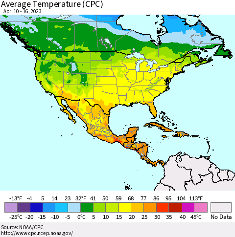 North America Average Temperature (CPC) Thematic Map For 4/10/2023 - 4/16/2023
