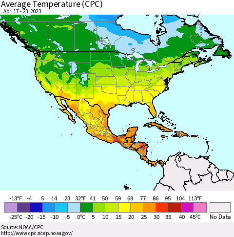 North America Average Temperature (CPC) Thematic Map For 4/17/2023 - 4/23/2023