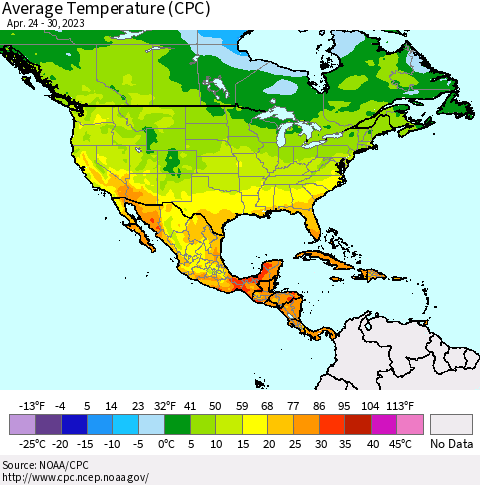 North America Average Temperature (CPC) Thematic Map For 4/24/2023 - 4/30/2023