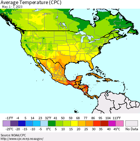 North America Average Temperature (CPC) Thematic Map For 5/1/2023 - 5/7/2023