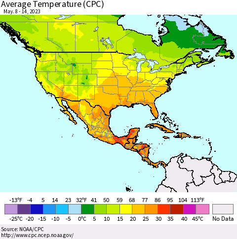 North America Average Temperature (CPC) Thematic Map For 5/8/2023 - 5/14/2023