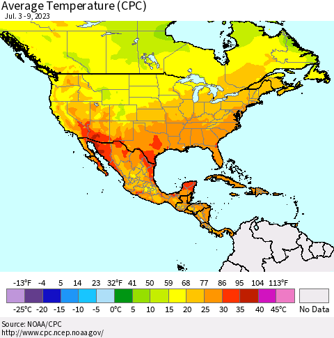 North America Average Temperature (CPC) Thematic Map For 7/3/2023 - 7/9/2023