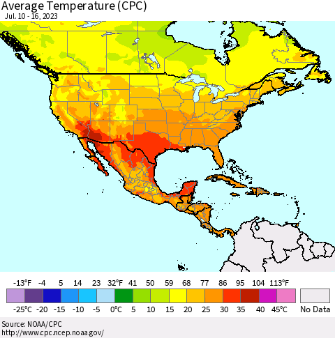 North America Average Temperature (CPC) Thematic Map For 7/10/2023 - 7/16/2023