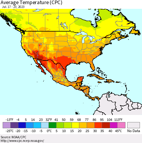 North America Average Temperature (CPC) Thematic Map For 7/17/2023 - 7/23/2023