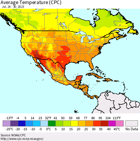 North America Average Temperature (CPC) Thematic Map For 7/24/2023 - 7/30/2023
