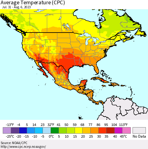 North America Average Temperature (CPC) Thematic Map For 7/31/2023 - 8/6/2023
