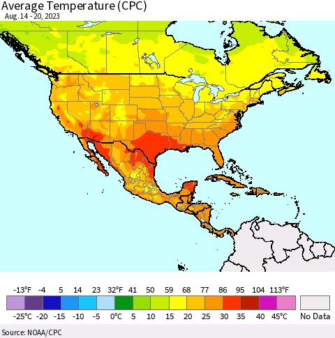 North America Average Temperature (CPC) Thematic Map For 8/14/2023 - 8/20/2023