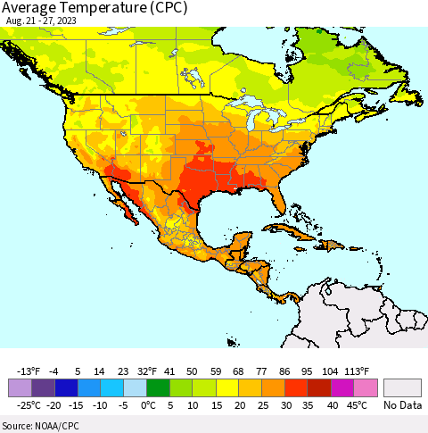 North America Average Temperature (CPC) Thematic Map For 8/21/2023 - 8/27/2023