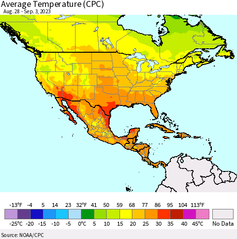 North America Average Temperature (CPC) Thematic Map For 8/28/2023 - 9/3/2023